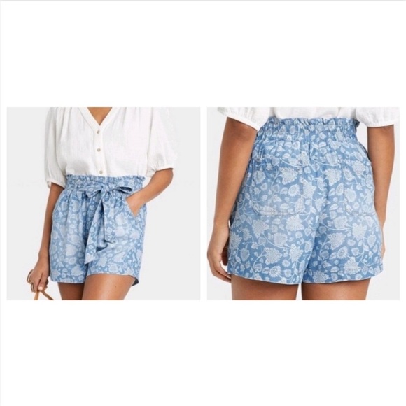 Knox Rose Paper-bag Distressed Chambray Floral Boho Shorts with Waist-tie Sz M - Picture 4 of 10